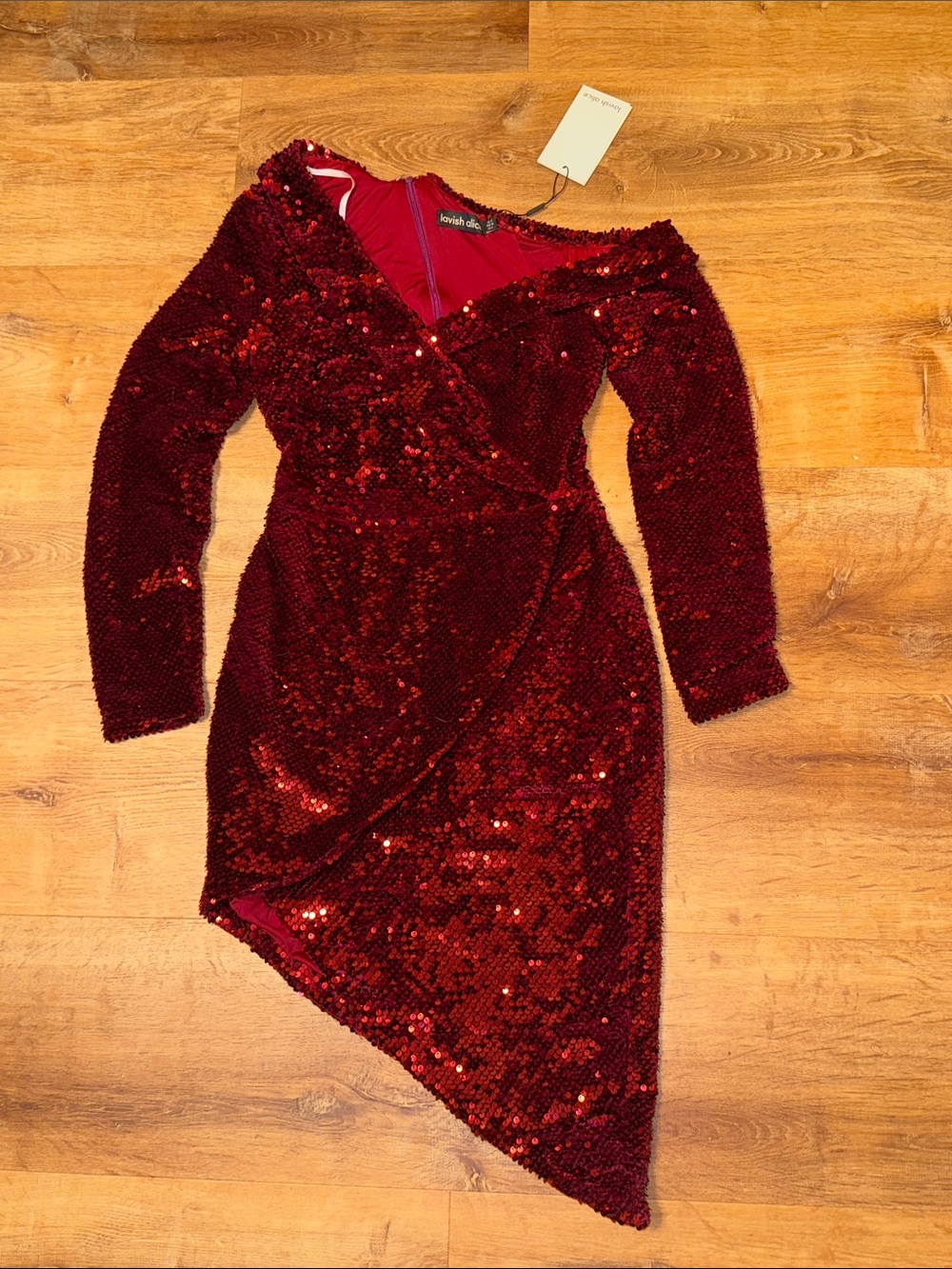 Lavish Alice Ruby Red Sequin Asymmetrical Wrap Dress